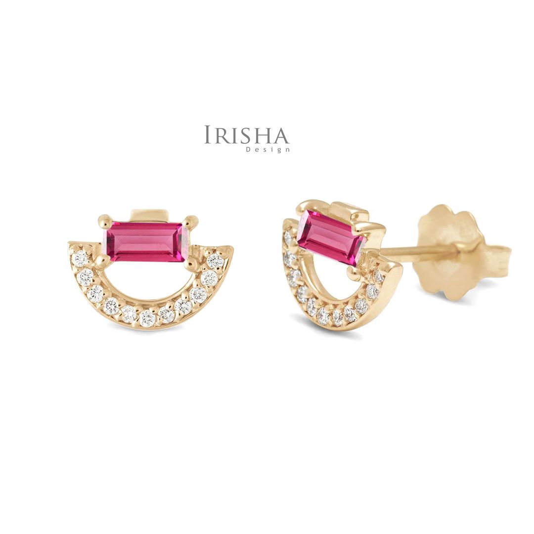 Art Deco Genuine Diamond And Pink Tourmaline Gemstone Arc Stud Earring 14K Gold
