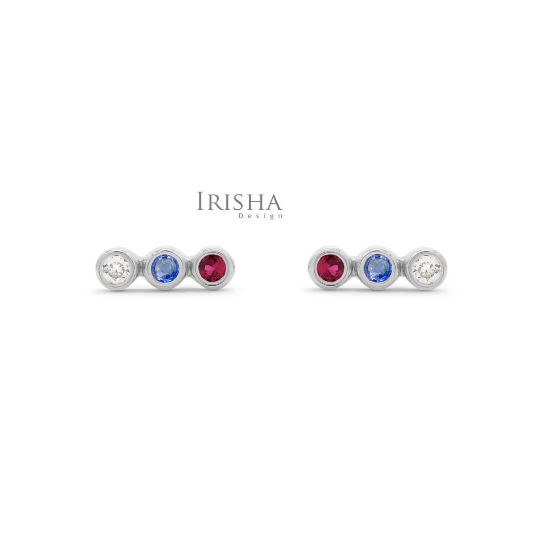 Genuine Diamond Ruby Blue Sapphire Three Stone Studs Earrings 14K Solid Gold