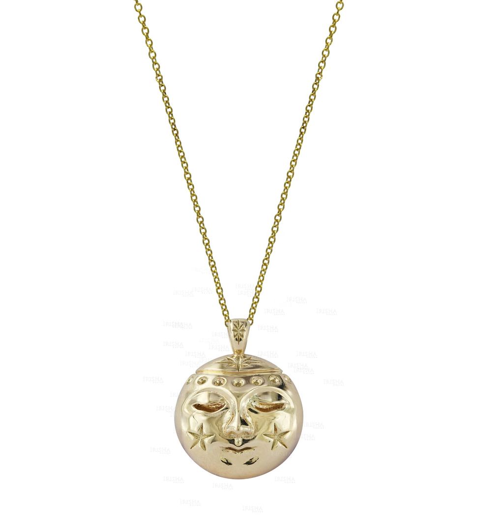 Christmas Gift Moon Face Celestial Pendant Necklace 14K Solid Gold New Jewelry