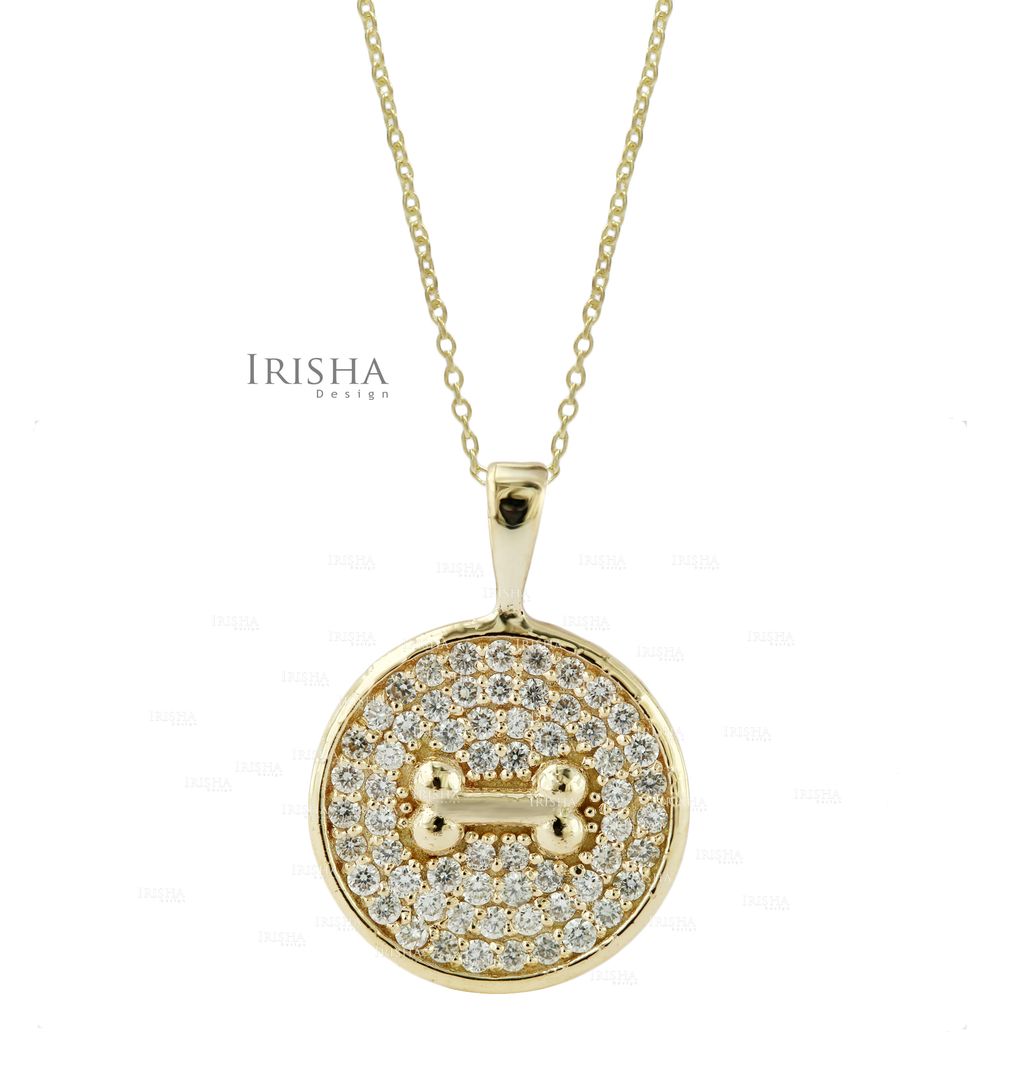 Gift for Pet Lover Genuine Diamond Disc Dog Bone Charm Necklace 14K Solid Gold
