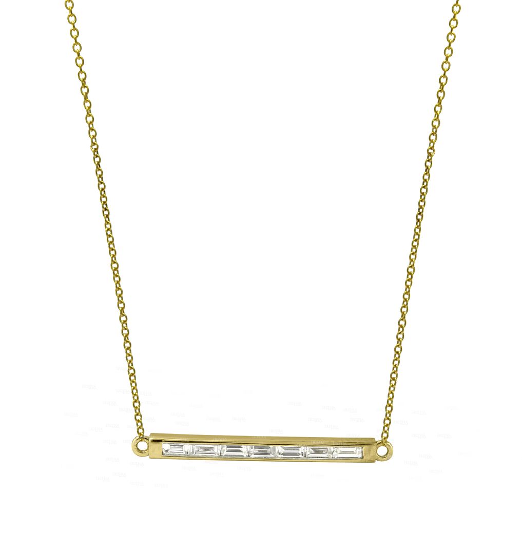 Birthday Gift Genuine Seven Baguette Diamond Bar Charm Necklace 14K Solid Gold