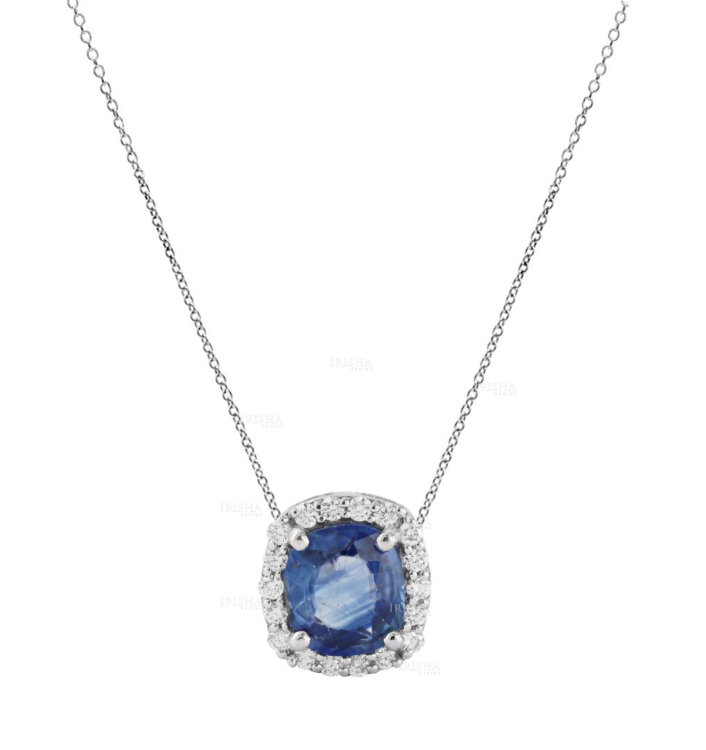 Genuine 1.00 Ct. Cushion Blue Sapphire Diamond Pendant Necklace 14K Solid Gold