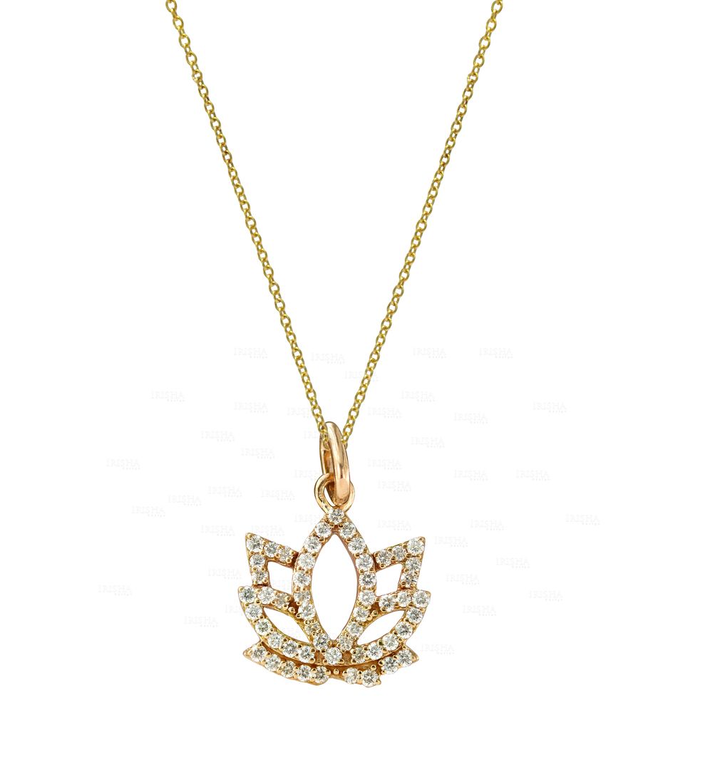 0.28 Ct. Genuine Diamond Lotus Charm Nature Love Pendant Necklace 14K Solid Gold