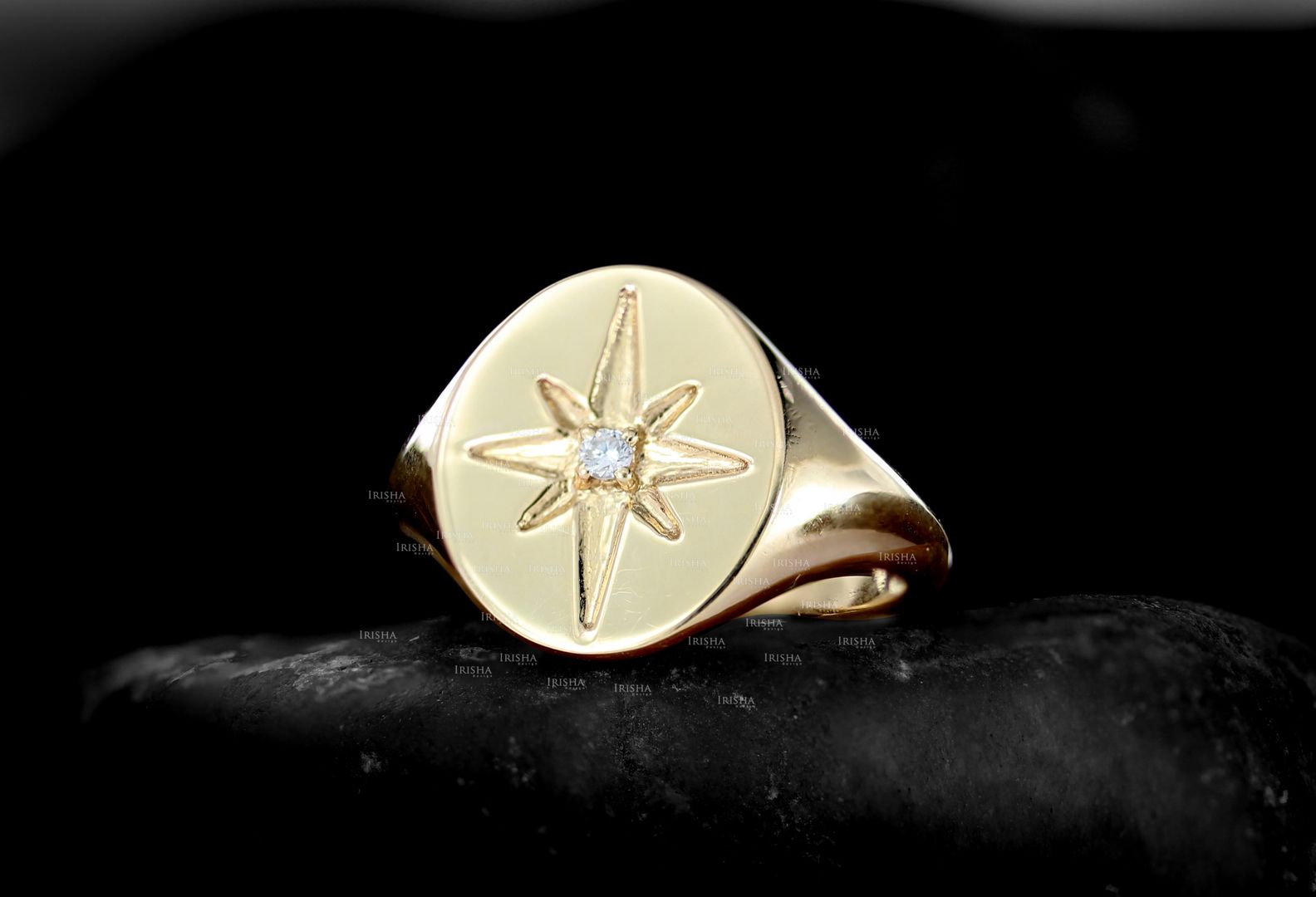 0.04 Ct. Genuine Diamnd Engraved Starburst Signet Ring 14K Gold Jewelry Gift