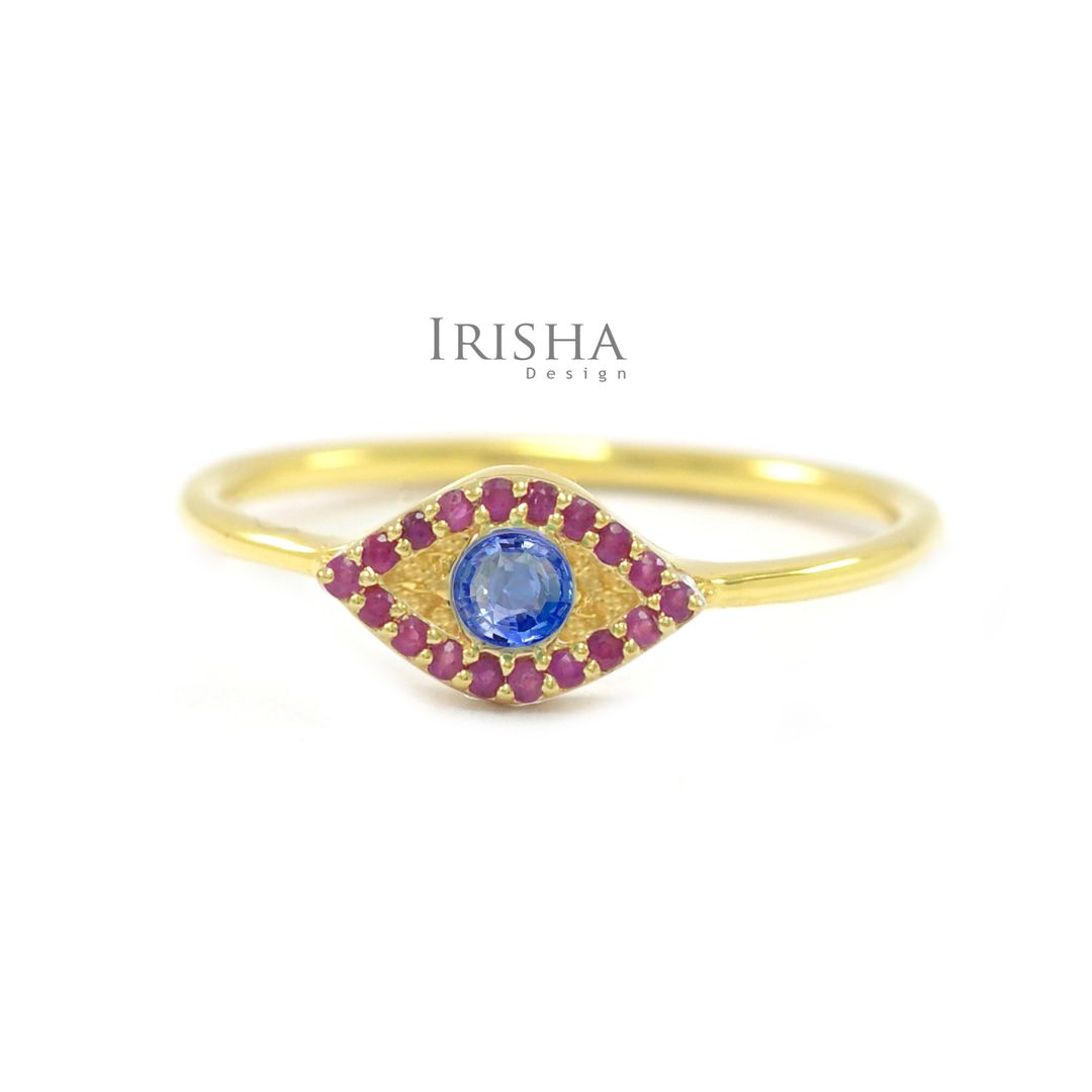 Genuine Ruby And Blue Sapphire Gemstone Evil Eye Ring 14K Gold Christmas Gift