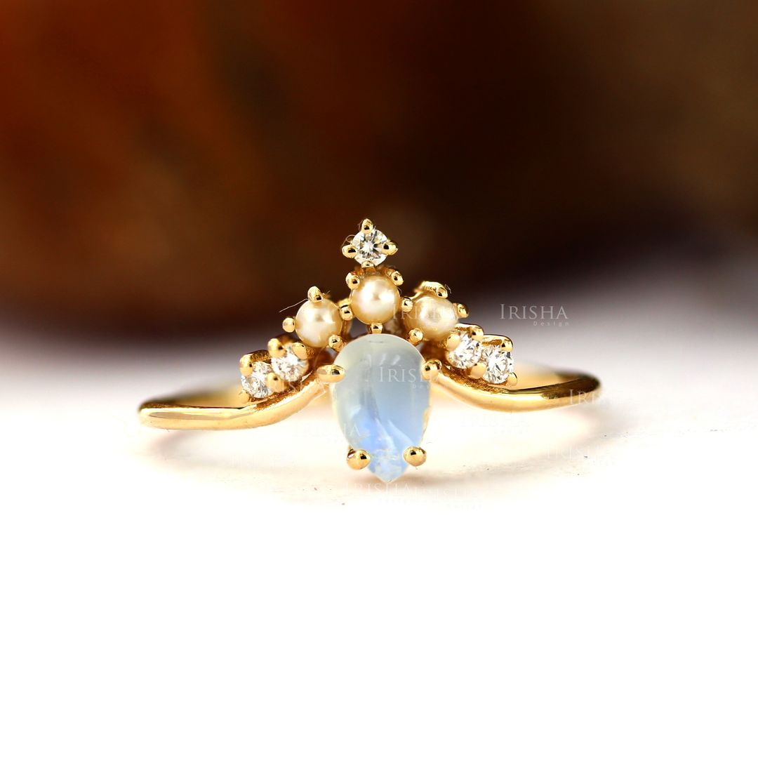 Freshwater Pearl Diamond Rainbow Moonstone 14K Gold Chevron Ring Wedding Gift