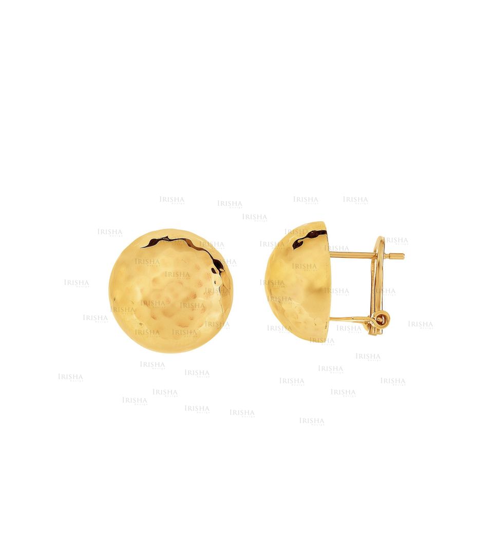 14K Yellow Gold 15 mm Shiny+Hammered Half Ball Earring with Leverback Clasp