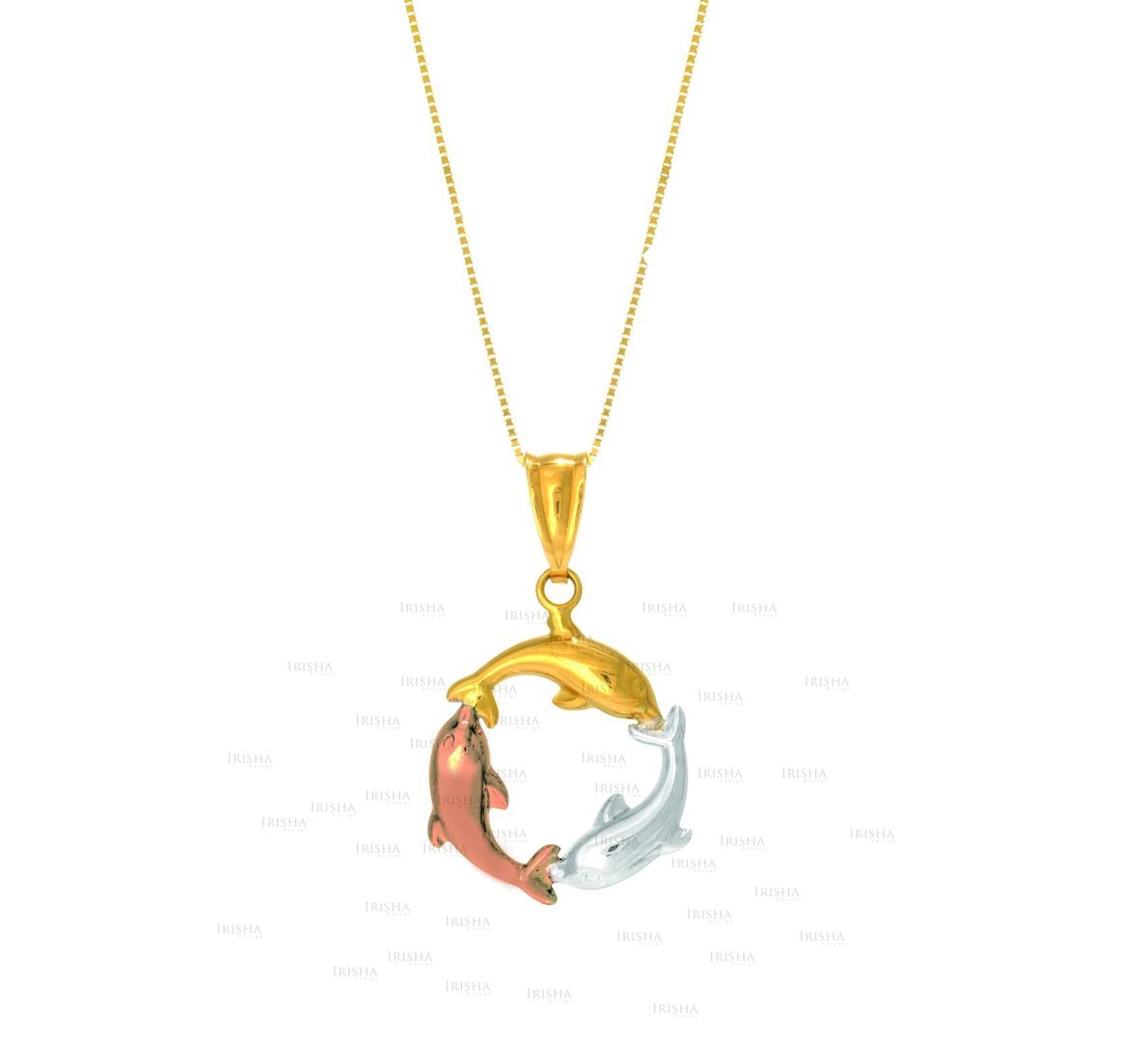 14K Yellow Gold Tri-Color 3-Circling Shiny Dolphin Pendant Necklace Fine Jewelry