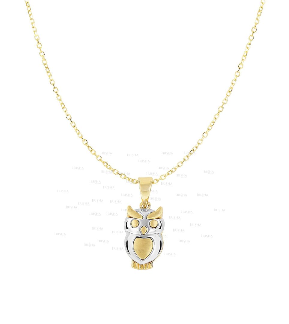 14K Yellow+White Gold 17X7.5mm Shiny+Satin Owl Pendant Necklace Fine Jewelry