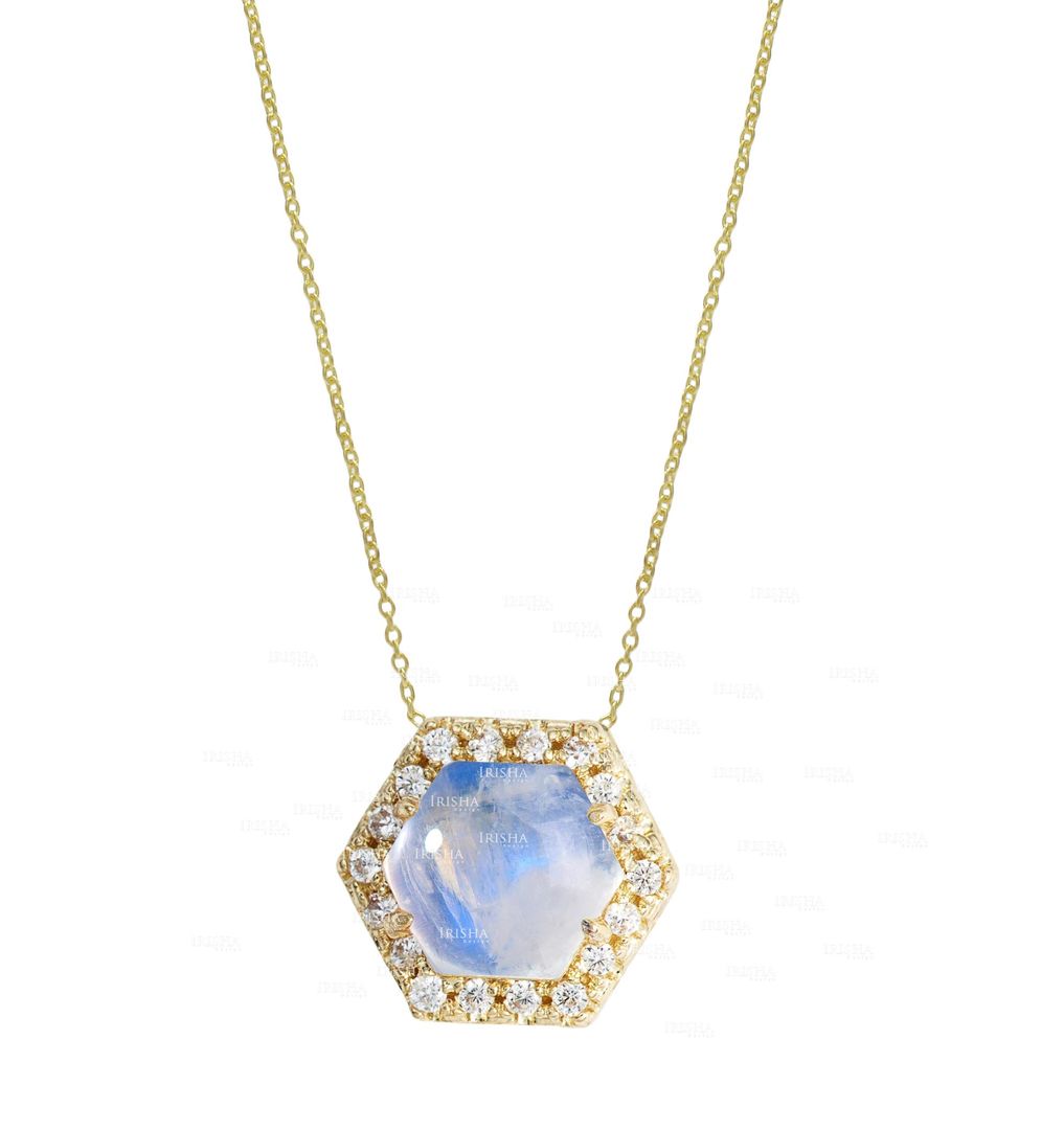 14K Gold Genuine Diamond And Rainbow Moonstone Hexagon Pendant Necklace
