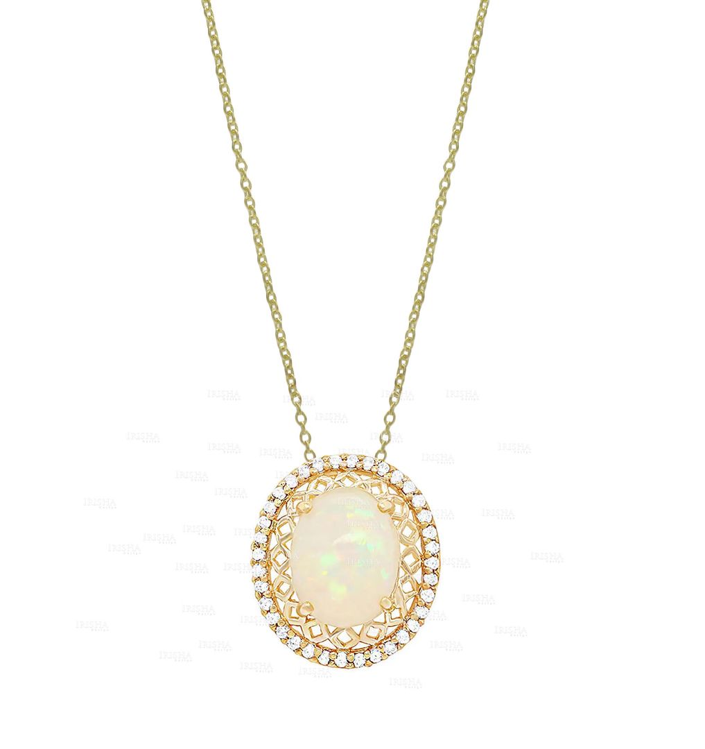 Birthday Gift Genuine Diamond And Opal Gemstone 14K Gold Pendant Necklace