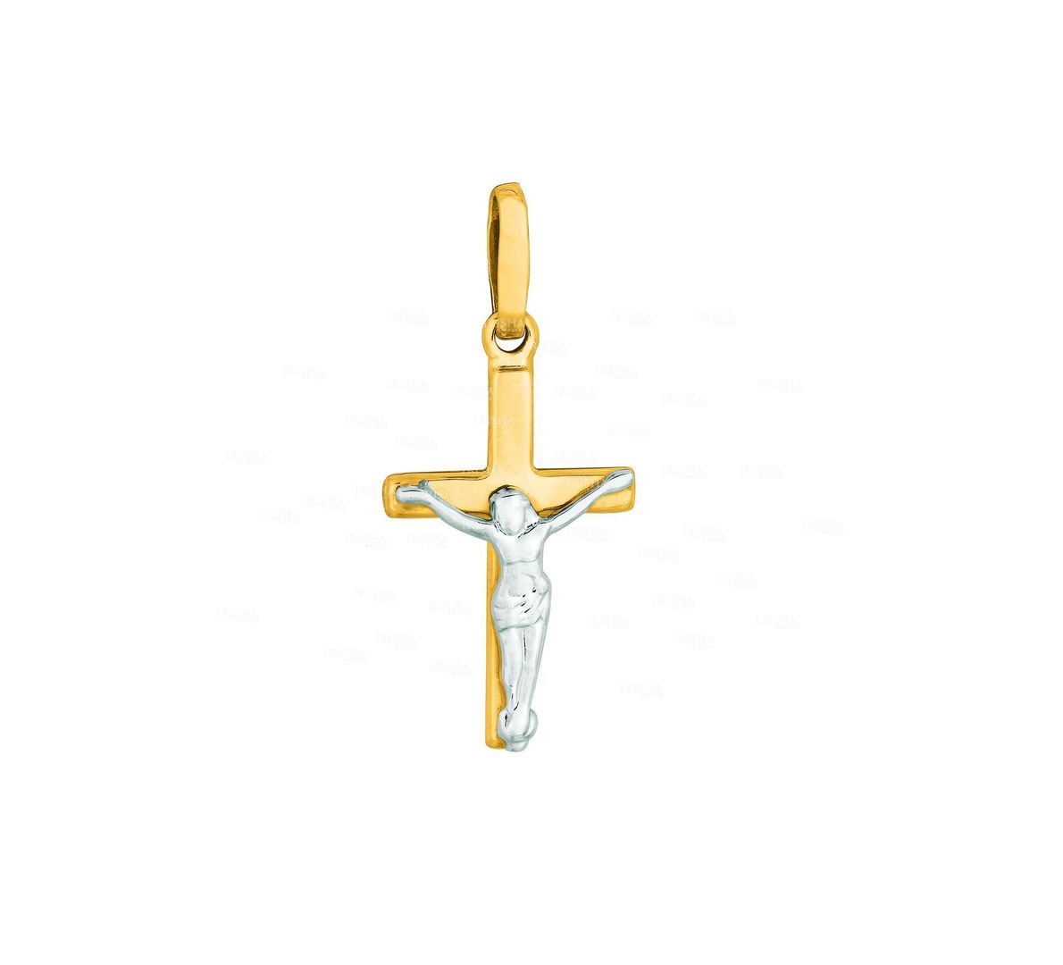 14K Yellow+White Gold Shiny Cross Pendant with White Figurine Christmas Jewelry