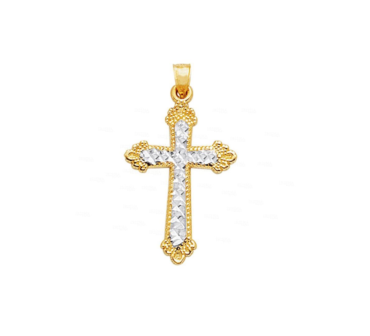 14K Yellow+White Gold Shiny Diamond Cut White Cross Pendant Christmas Jewelry