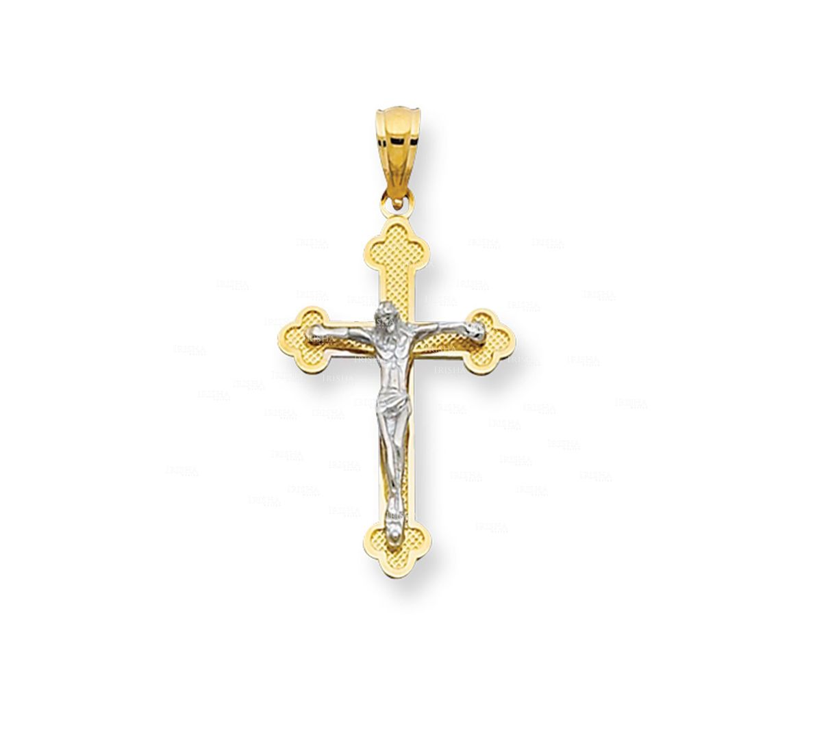 14K Yellow+White Gold Shiny Textured Cross with White Figurine Christmas Jewelry