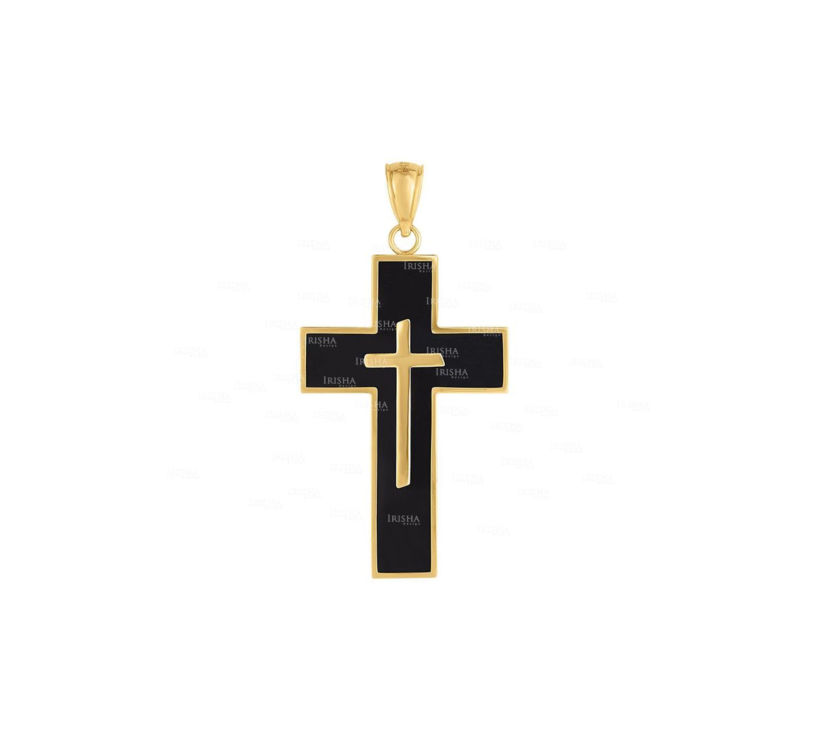 14K Yellow Gold Shiny Cross Black Enamel Pendant Christmas Gift Fine Jewelry