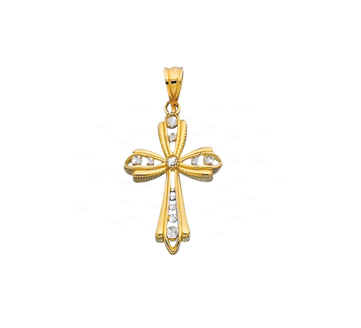 14K Yellow+White Gold Shiny DiamondCut Cross Pendant Fine Jewelry Christmas Gift