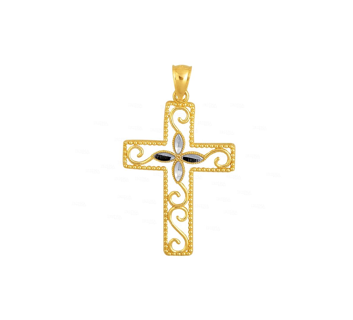 14K Yellow Gold Shiny Diamond Cut Beaded Vine Floral Cross Pendant ChristmasGift