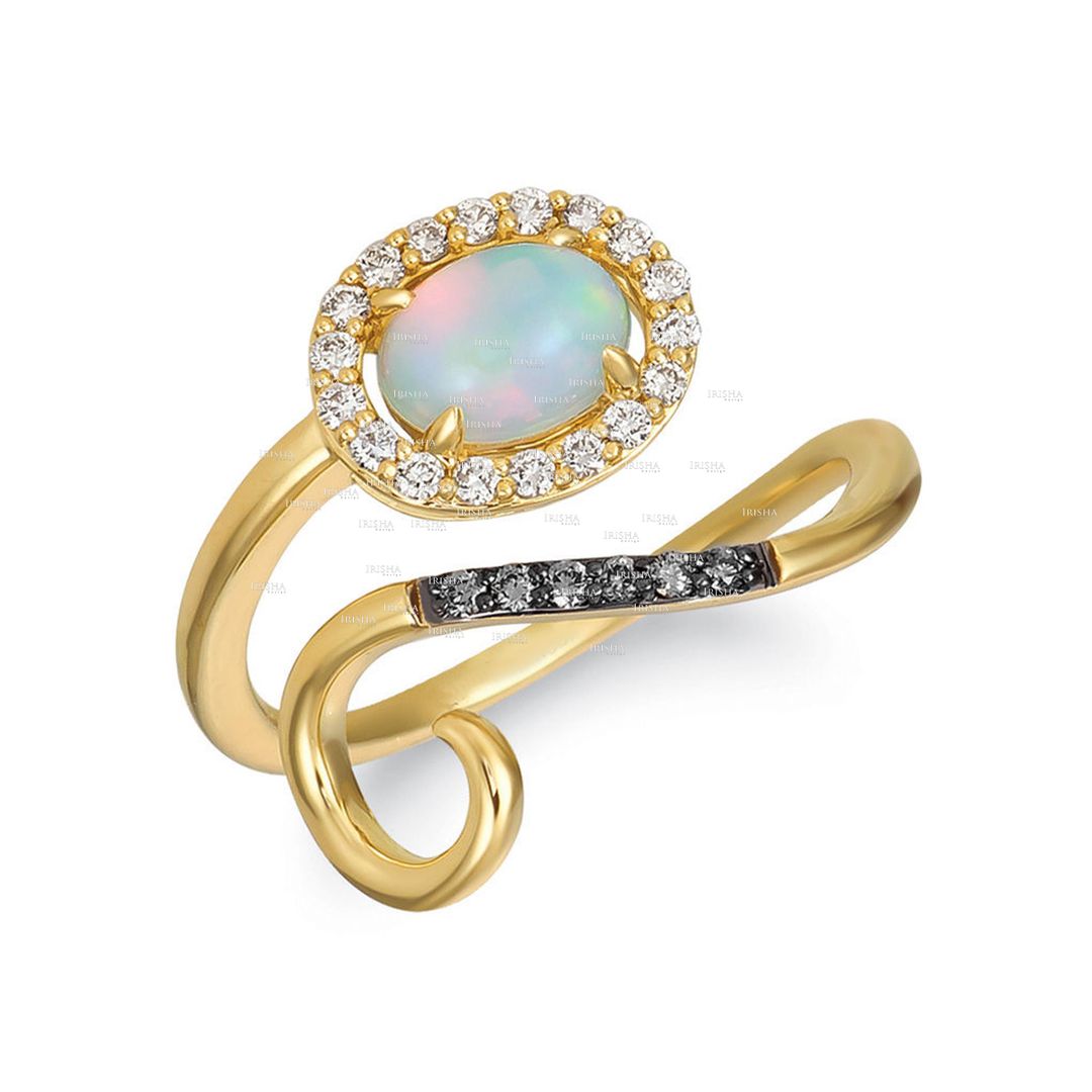 14K Gold Genuine Diamond And Opal Gemstone Curved Ring Fine Jewelry Gift