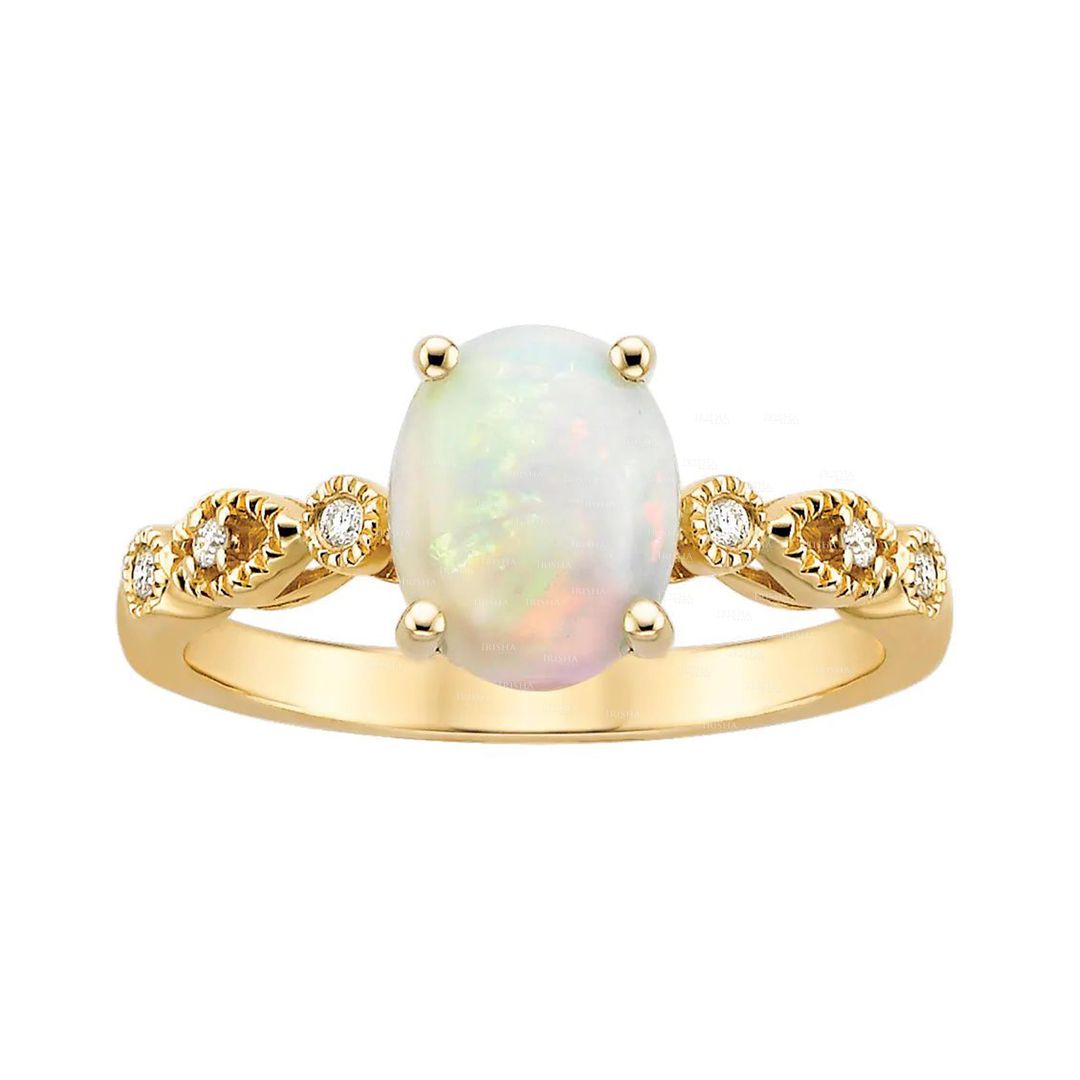 14K Gold Genuine Diamond And Opal Gemstone Vintage Ring Fine Jewelry Gift