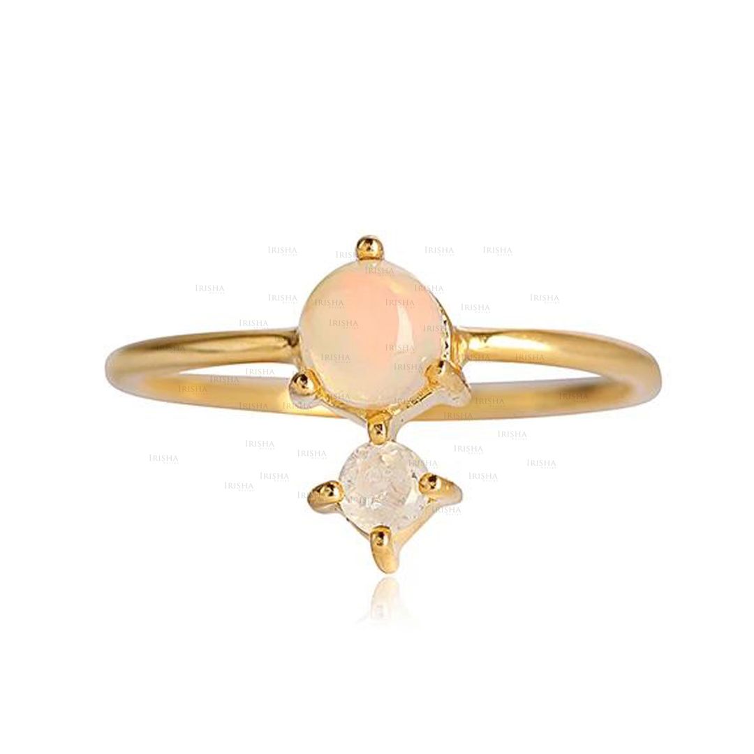 14K Gold Genuine Diamond And Opal Gemstone Stacking Ring Jewelry Gift For Her