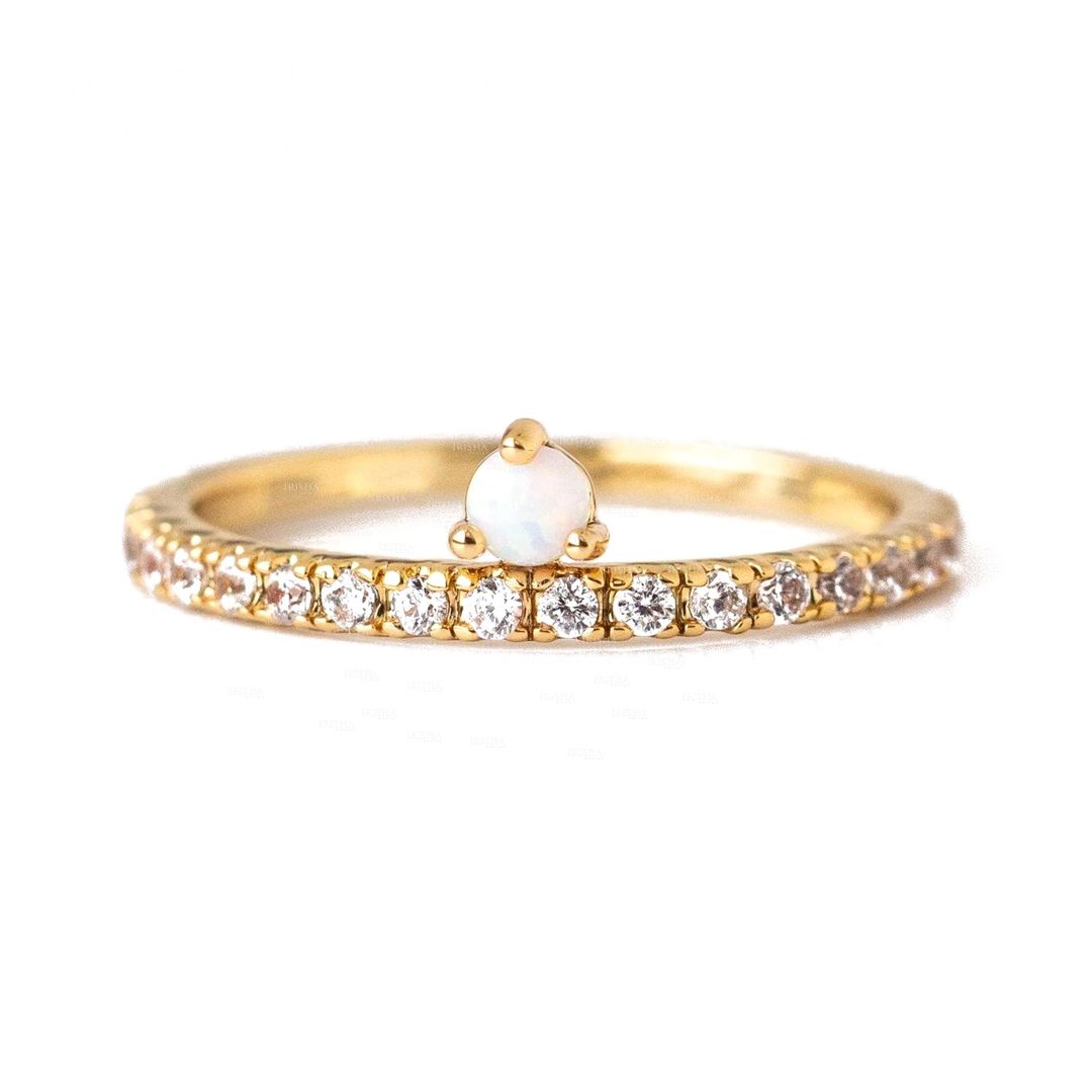 14K Gold Genuine Diamond And Opal Gemstone 3/4 Eternity Ring Fine Jewelry