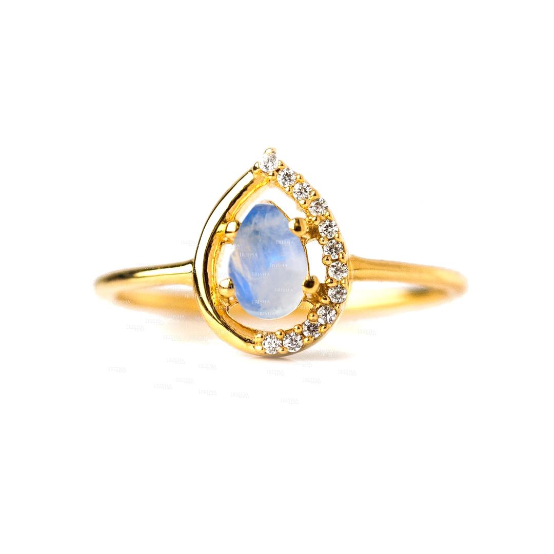 14K Gold Genuine Diamond And Rainbow Moonstone Ring Fine Jewelry