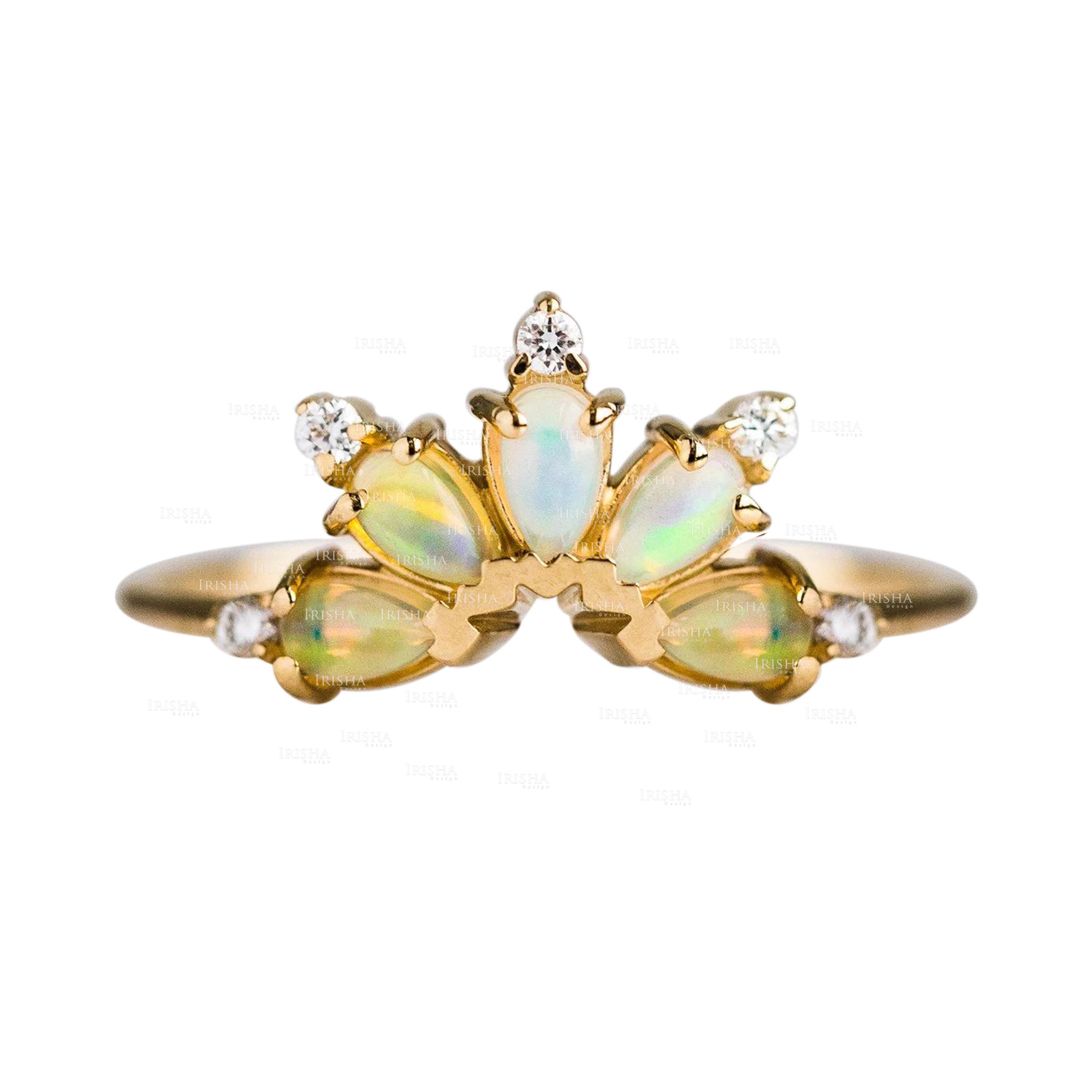 14K Gold Genuine Diamond-Pear Shape Opal October Birthstone Ring Fine Jewelry
