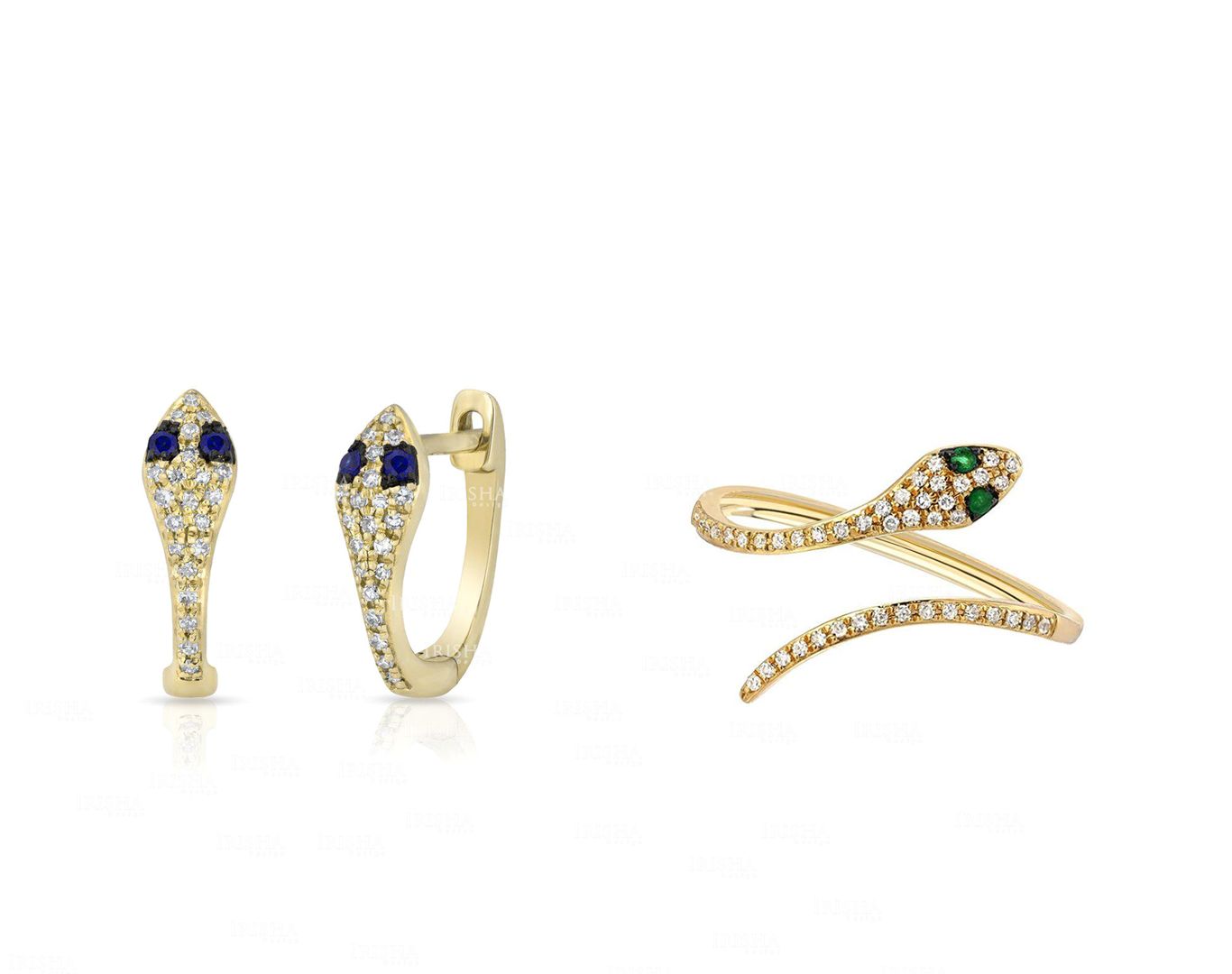 Genuine Diamond And Ruby/Emerald/Sapphire Snake Ring Earring 14K Gold Jewelry Set
