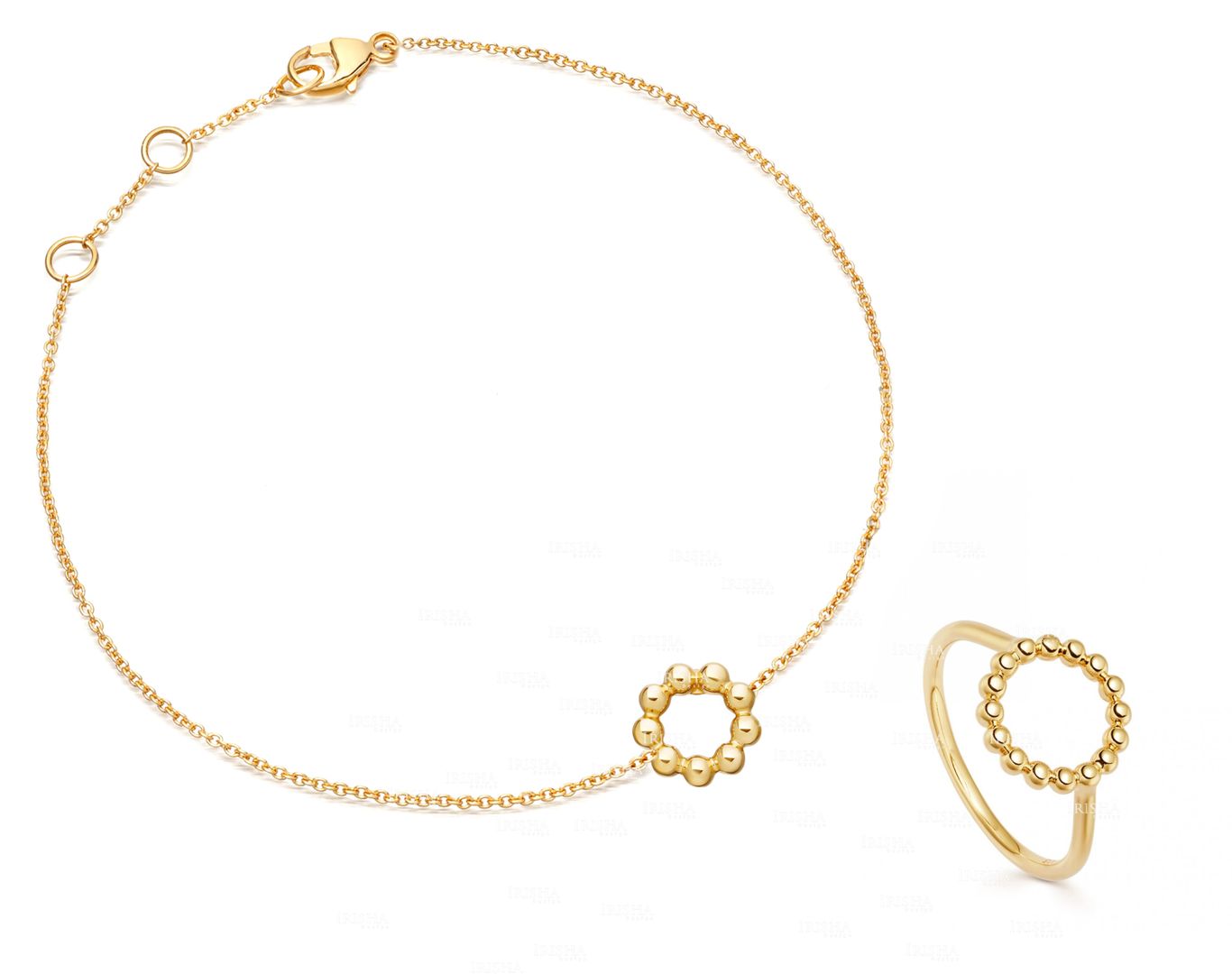 14K Solid Gold Beaded Circle Minimalist Bracelet Ring Fine Jewelry Set