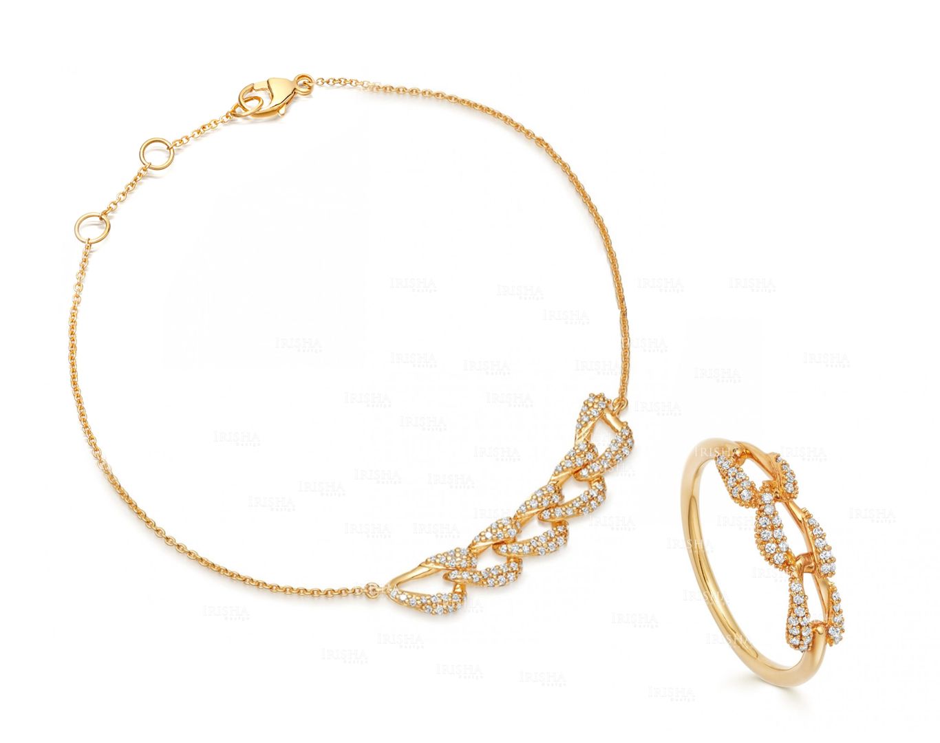 Genuine Diamond Linked Sail Design Bracelet Ring Fine 14K Gold Jewelry Set