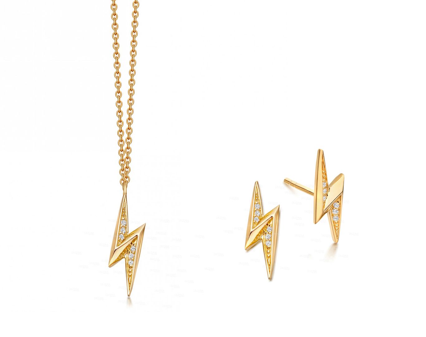 0.09 Ct. Genuine Diamond Lightning Bolt Earring Necklace 14K Gold Jewelry Set