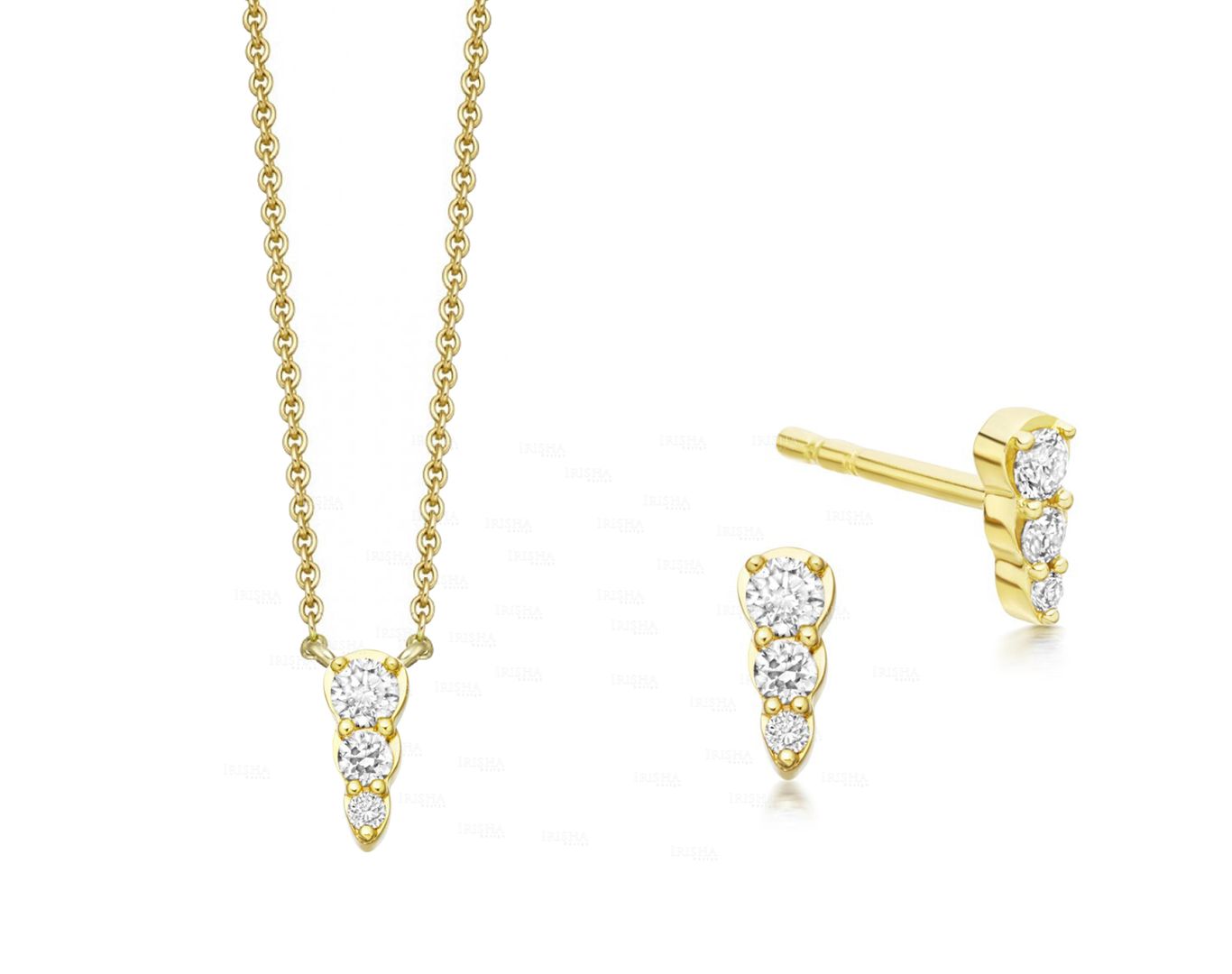 Genuine Three Diamond 6 mm Minimalist Earring Necklace 14K Gold Jewelry Set