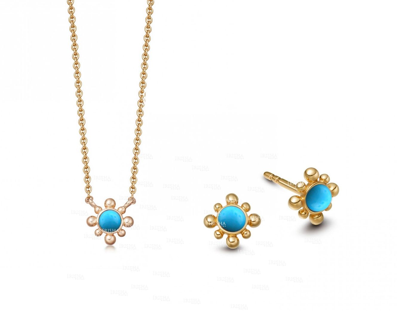 Turquoise/Opal/Moonstone Floral Earring Necklace 14K Gold Jewelry Set (1 Set)