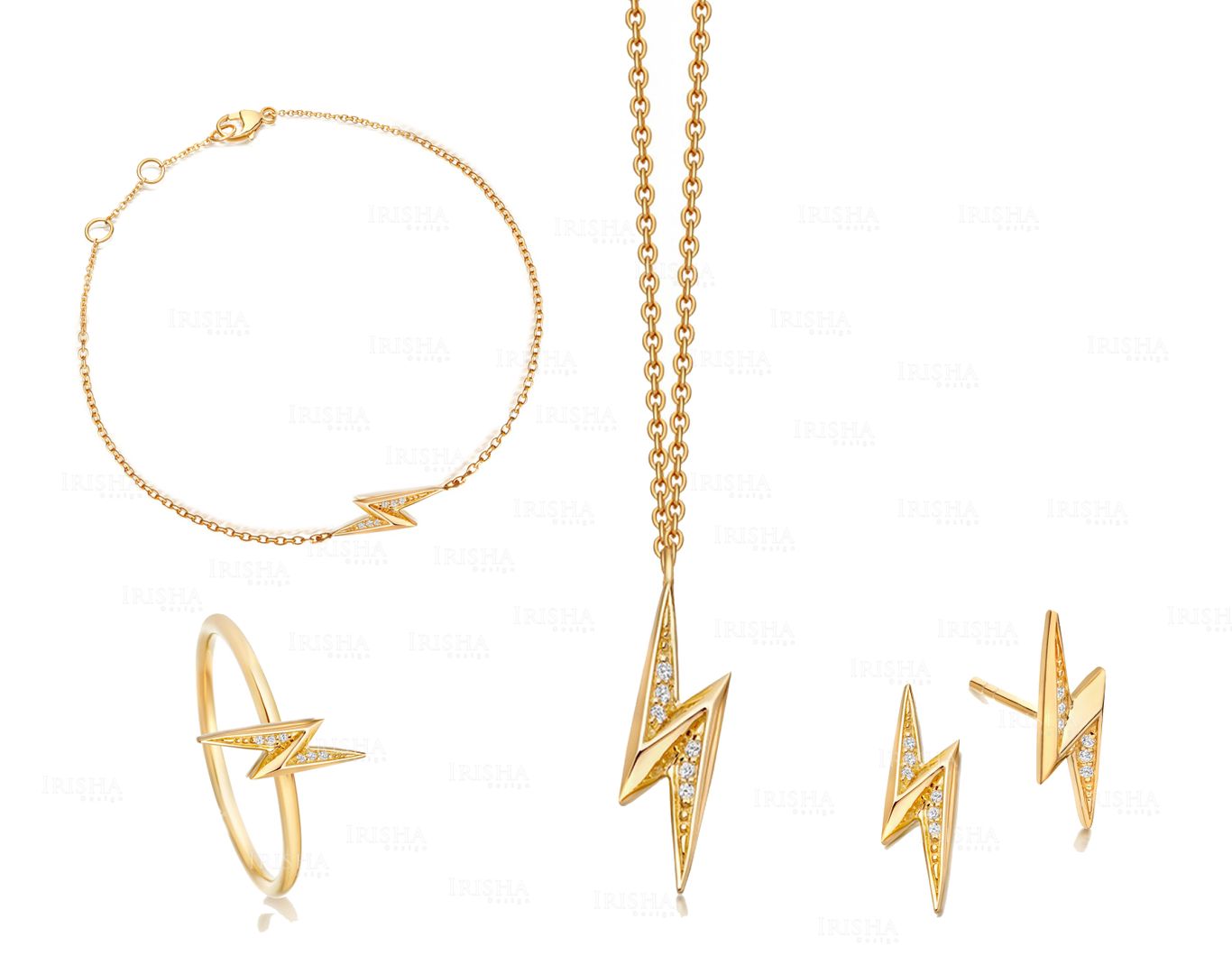 Diamond Lightning Bolt Earring Necklace Ring Bracelet 14K Gold Jewelry Set