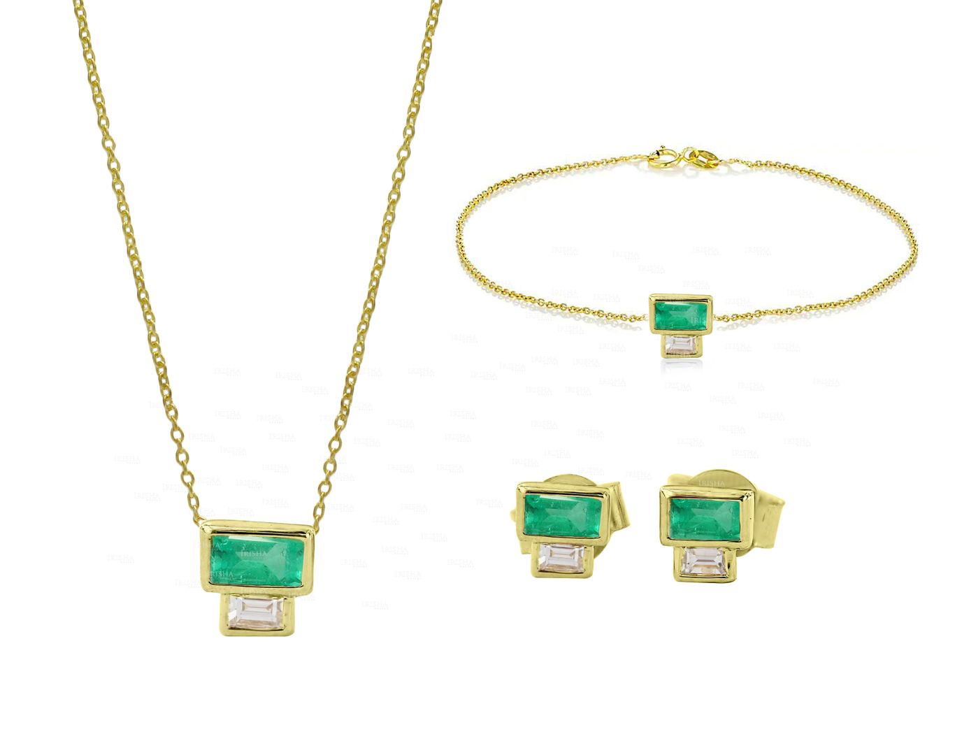 Genuine Baguette Diamond-Emerald Earring Bracelet Necklace 14K Gold Jewelry Set