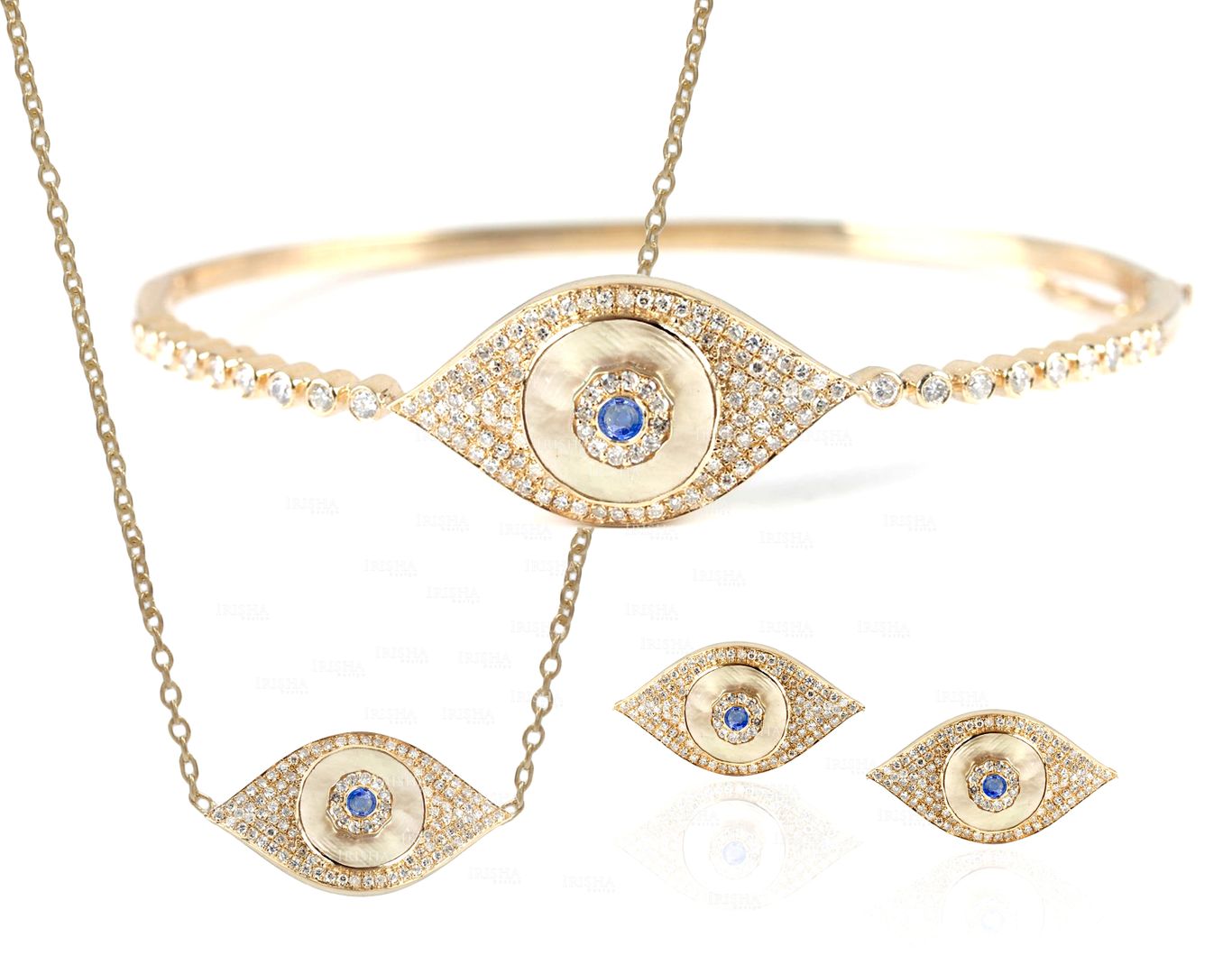 Genuine Diamond-Blue Sapphire Evil Eye Bangle Necklace Earrings 14K Gold Set