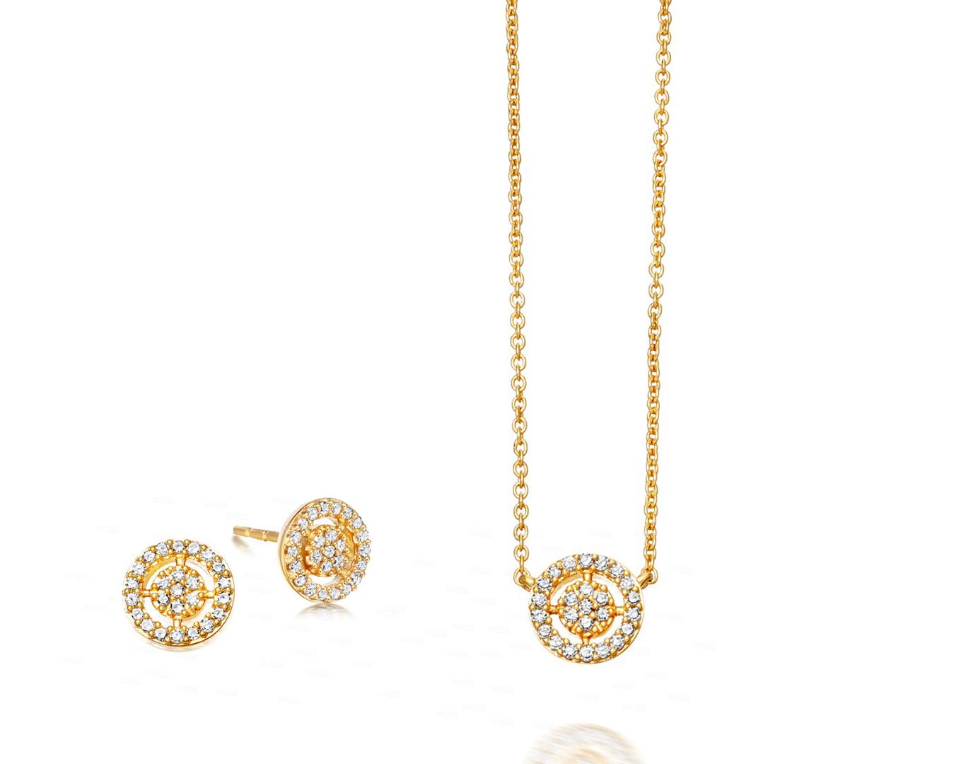 Genuine Diamond Concentric Circle Design Earrings Necklace 14K Gold Jewelry Set