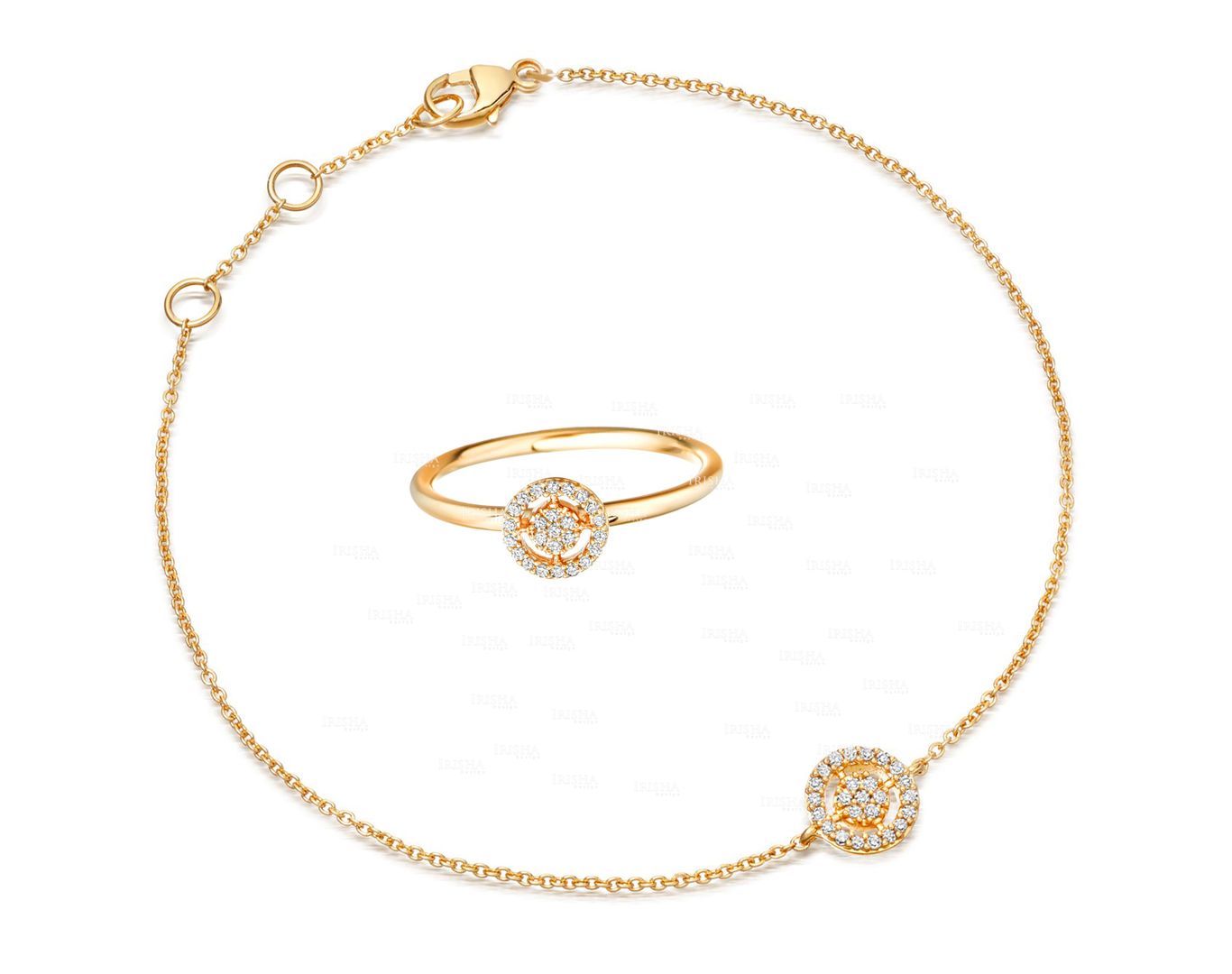 Genuine Diamond Concentric Circle Design Ring Bracelet 14K Gold Jewelry Set