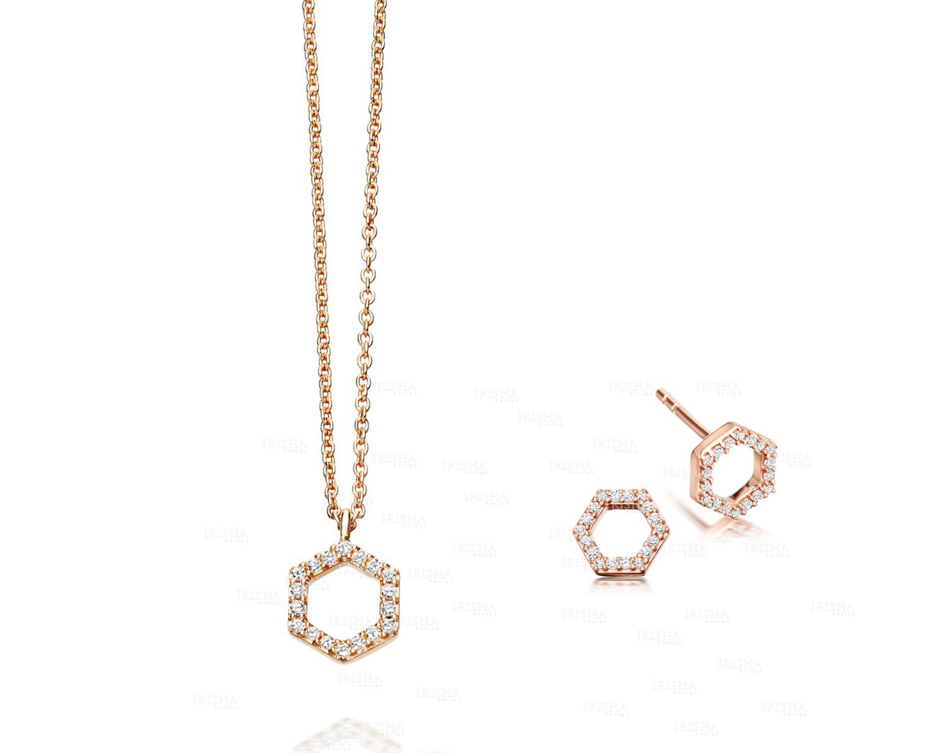Genuine Diamond Honeycomb Design Earrings Necklace 14K Gold Jewelry Set