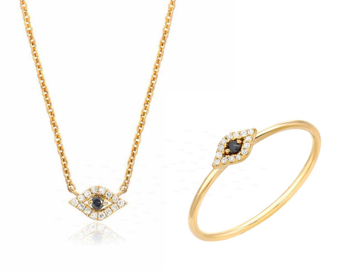 Genuine White- Black Diamond Evil Eye Ring Necklace 14K Gold Fine Jewelry Set