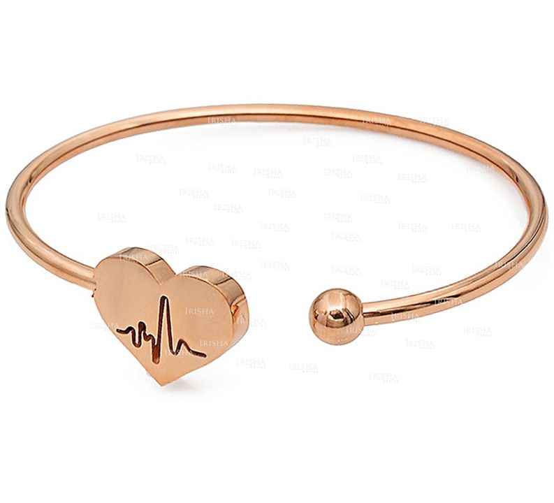 14K Solid Gold Engraved Heartbeat Ball Design Cuff Bangle Bracelet Fine Jewelry