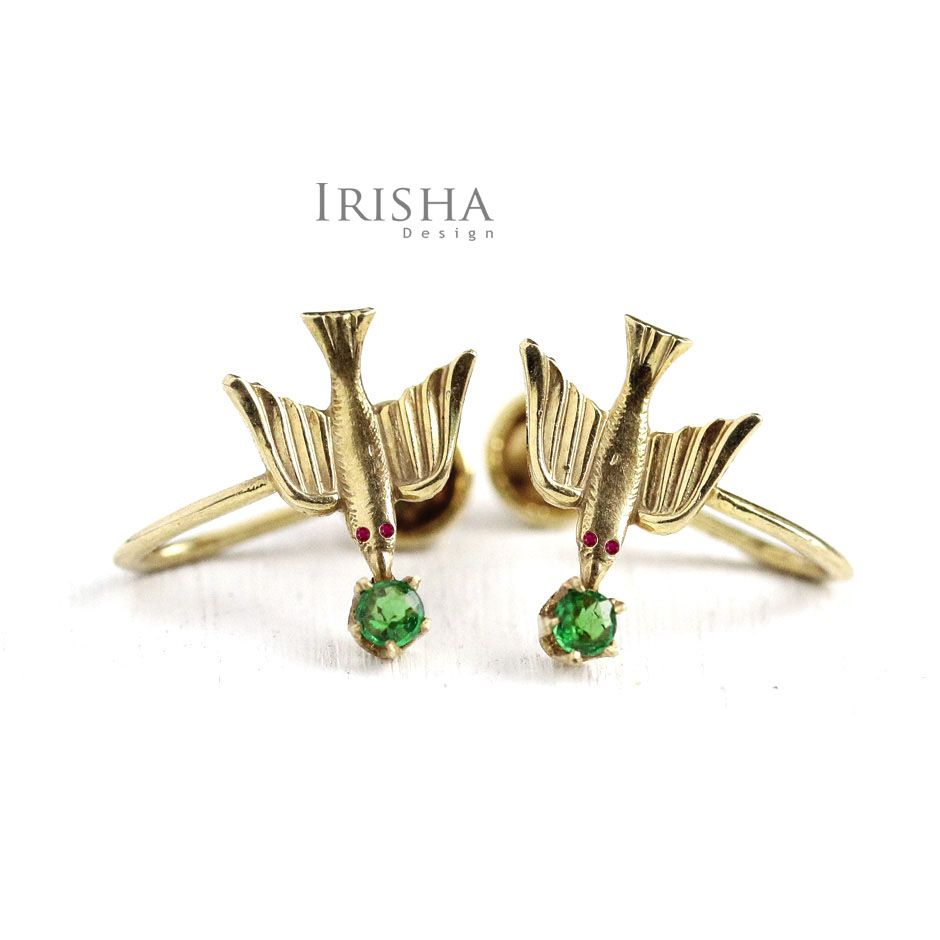 14K Gold Genuine Ruby-Emerald Gemstone Golden Eagle Vintage Earring Fine Jewelry