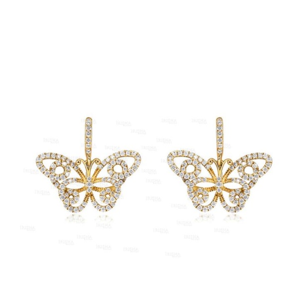 14K Gold 0.90 Ct. Genuine Diamond Butterfly Hook Dangle Earrings Birthday Gift