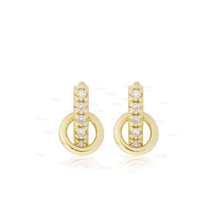 14K Gold 0.12 Ct. Genuine Diamond Mini Bar With Hoop Studs Earrings Fine Jewelry