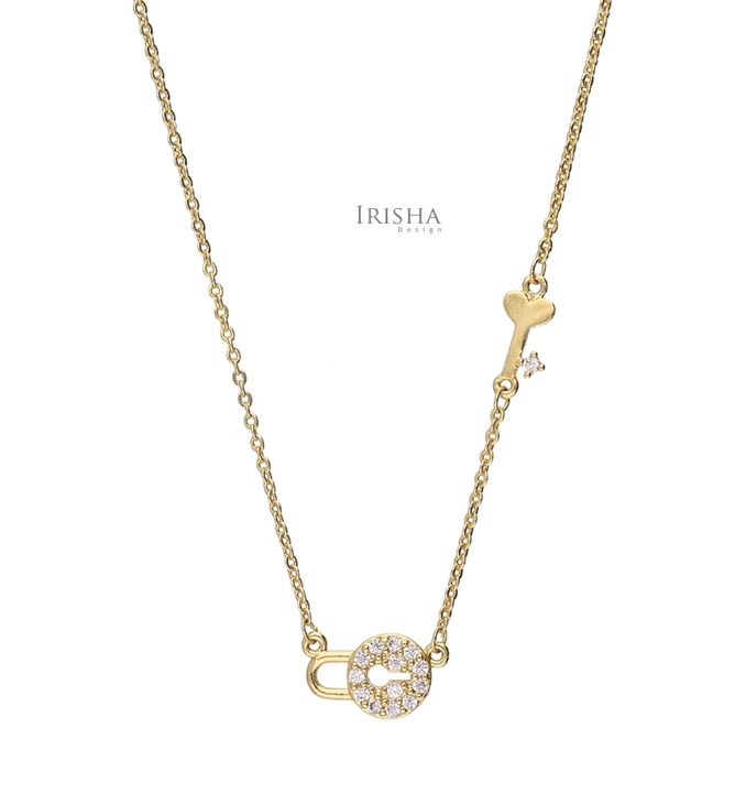 Genuine Diamond Lock-Heart Key Pendant Necklace 14K Gold Valentine's Gift