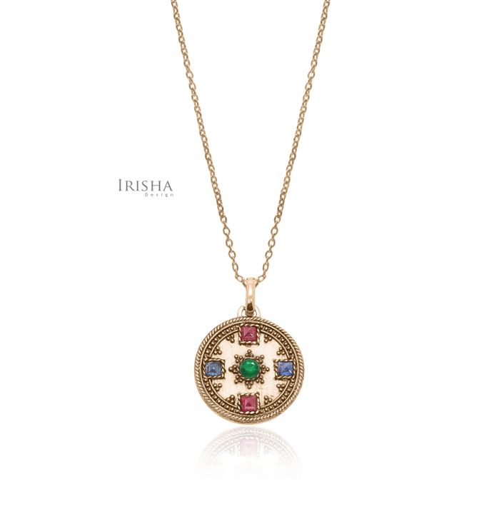 Genuine Ruby Emerald And Blue Sapphire Vintage Necklace 14K Gold Fine Jewelry