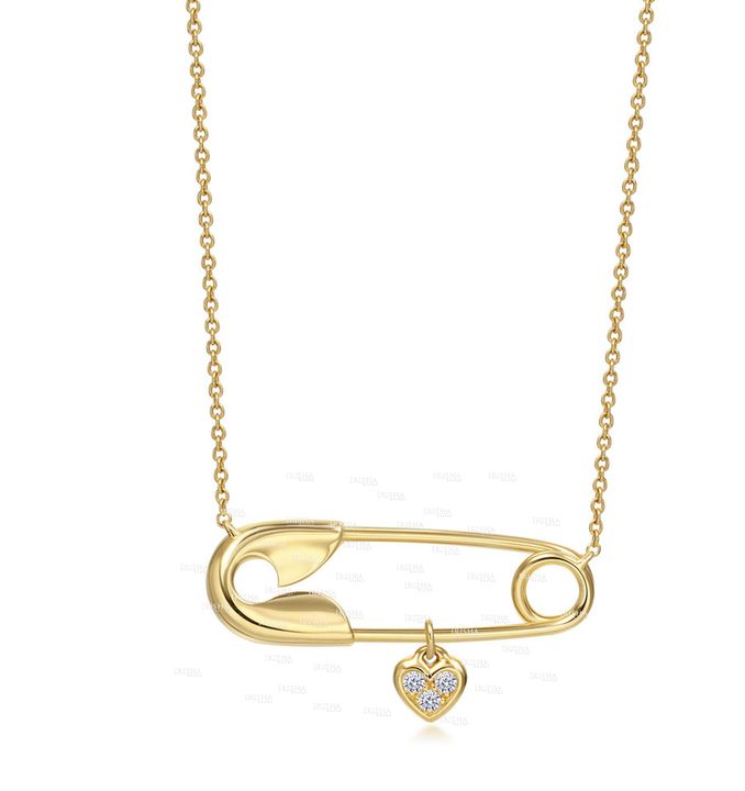 14K Gold 0.06 Ct. Genuine Diamond Safety Pin Heart Pendant Necklace Fine Jewelry