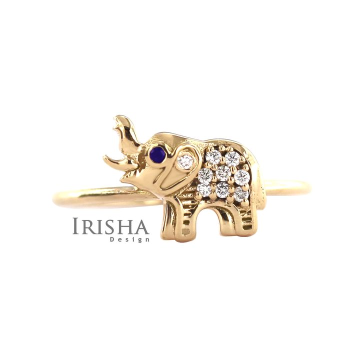 14K Gold Genuine Diamond And Blue Sapphire Gemstone Elephant Ring Fine Jewelry