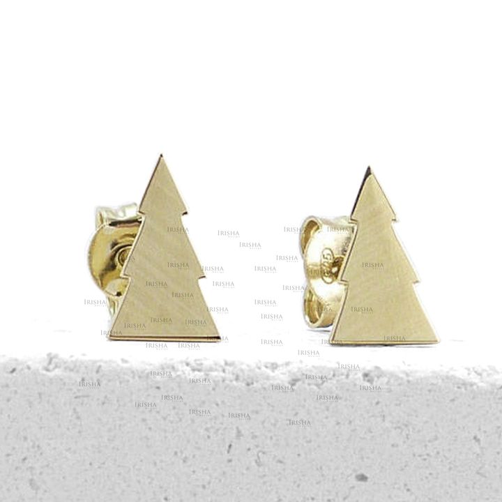 14K Solid Gold Christmas Tree Xmas Studs Earrings Jewelry Gift For Her