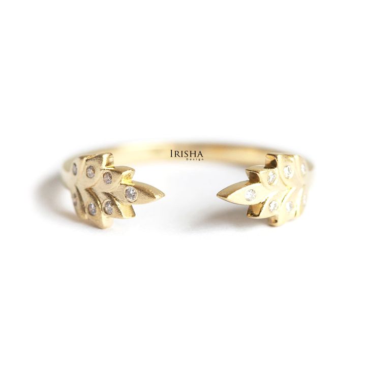 14K Gold 0.10 Ct. Genuine Diamond Vine Leaf Open Ring Handmade Fine Jewelry
